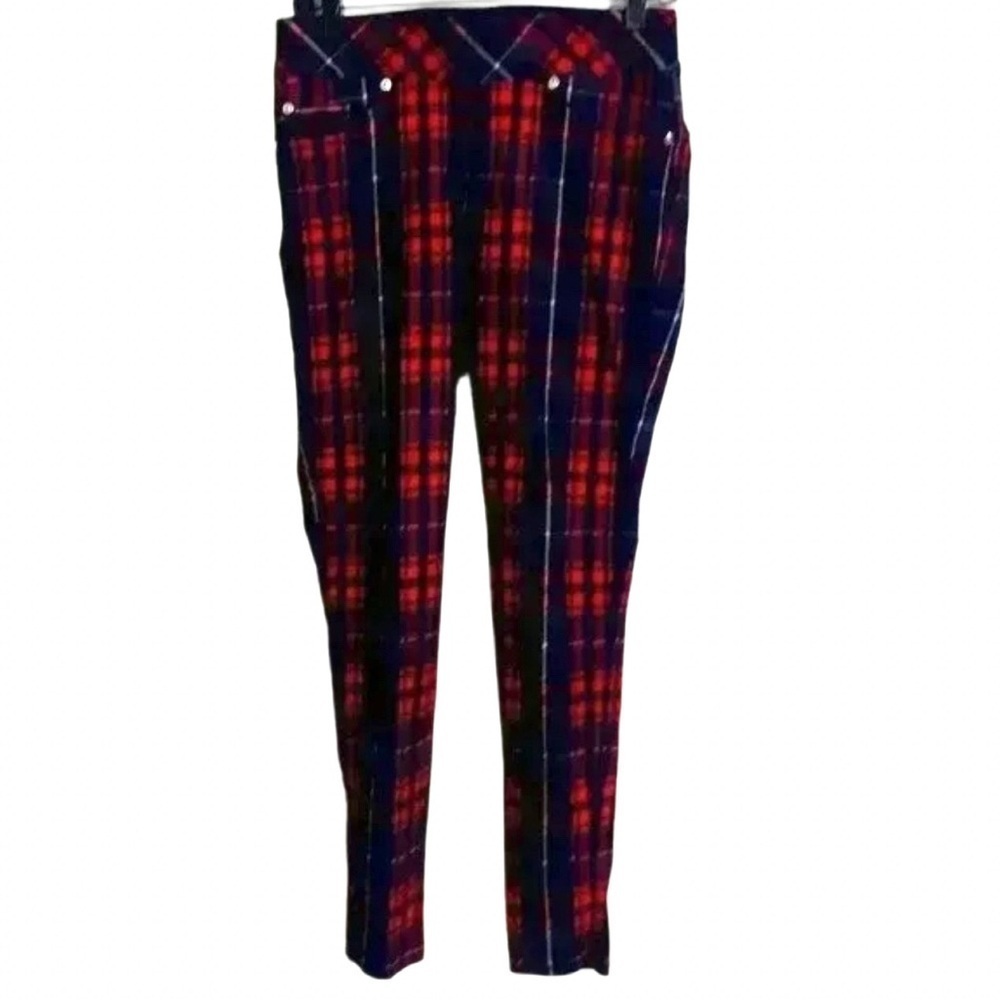 Peter Nygard Pull-On Skinny Ankle Stretch Pants Red Blu Plaid Grunge Women’s M - Picture 2 of 7